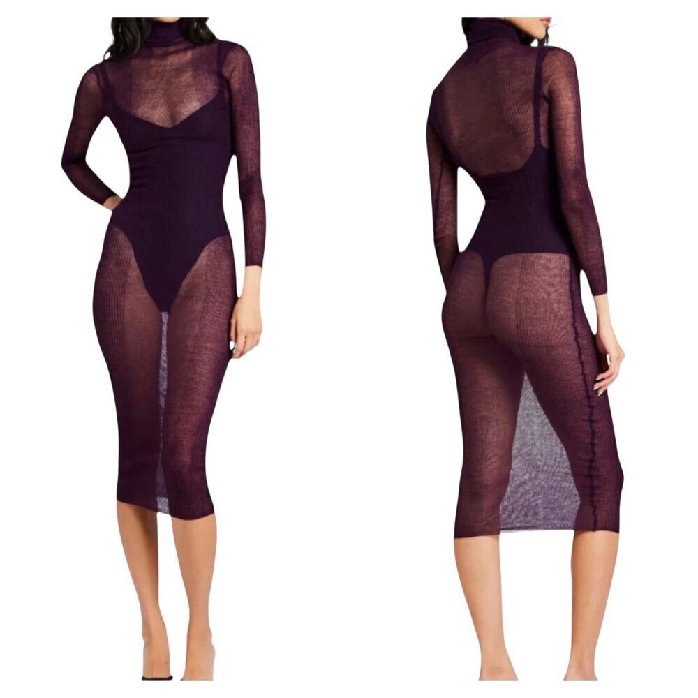 Ser.O.Ya Christine Sheer Mesh Midi Dress Eggplant Purple Size Small NWT